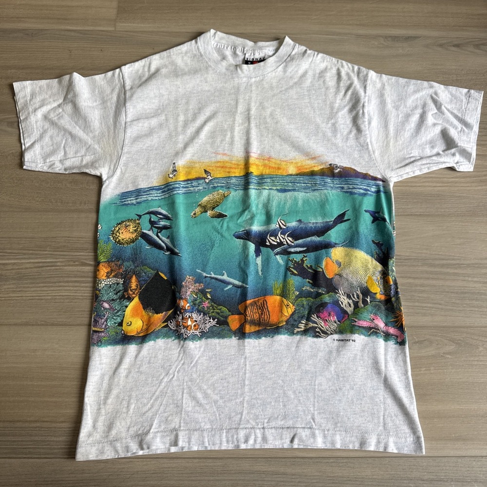 Vintage Habitat 92 Ocean Life Dolphin Whale Fish Shirt 90s Single Stitch M AOP